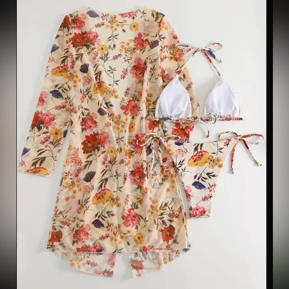 🏝️ 3 Pc Set! Floral Print Triangular Tie  Bikini Swimsuit & Kimo - Picture 11 of 12